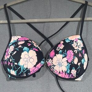 Shade & Shore Black Floral Push Up Bikini Top 36C Underwire Beaded Trim Fairy